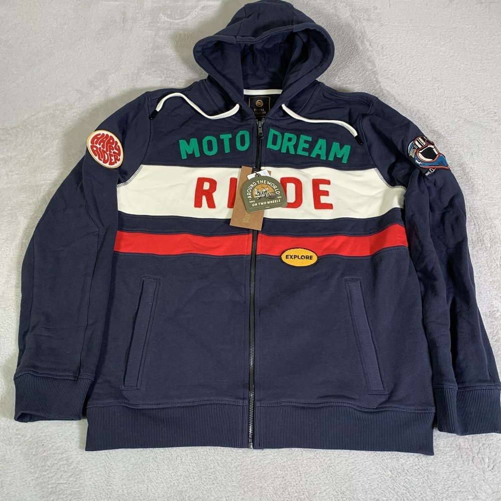 Royal Enfield Hoodie Mens XL Navy Full Zip Sweatshirt Moto Dream Ride NEW
